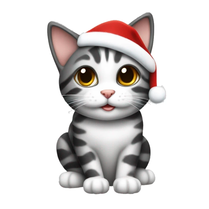 Black, grey, and white tabby cat wearing a Santa hat sticker