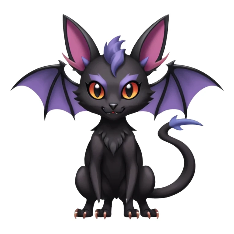 Black dark spooky badass cool shiny glossy smooth soft Black edgy Noivern-Noibat-Purloin-Torracat-Lykoi-Caracal-cat-Fakemon-fusion-hybrid-creature with bat wings on head as ears, big fangs, gothic markings sticker