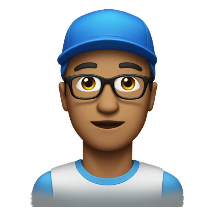 A man wearing a blue cap with 'P' on it and black glasses sticker