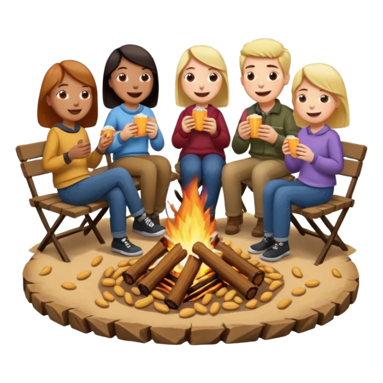 Born fire and people sitting beside born fire on chairs eating peanuts. Born fire is in the centre sticker