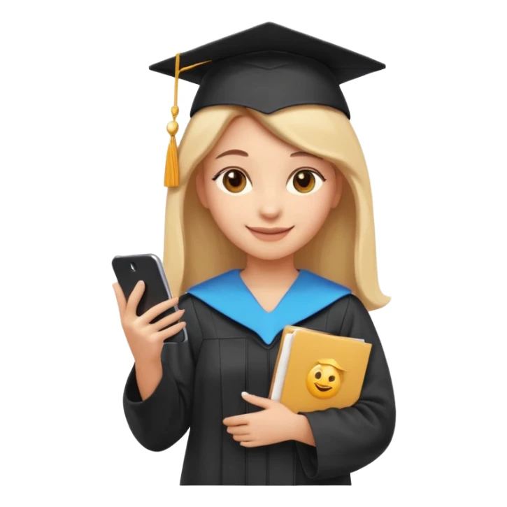 3D emoji style sticker, confident young woman, white background, smiling, standing upright, holding a smartphone and a document, relaxed and proud expression, student success vibe, soft lighting, minimalistic, clean astrology emoji style sticker