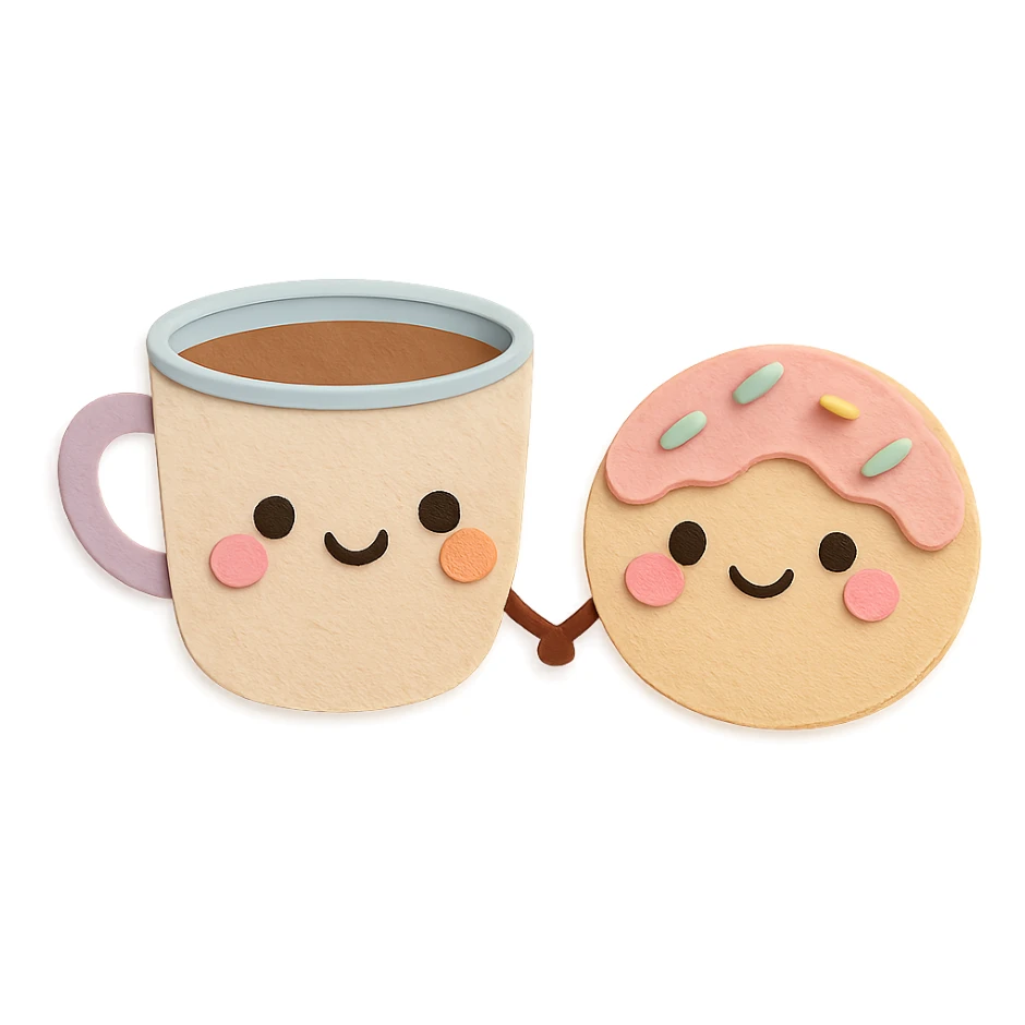 cute coffee cup and donut holding hands, blushing cheeks, soft pastel kawaii style, transparent background sticker