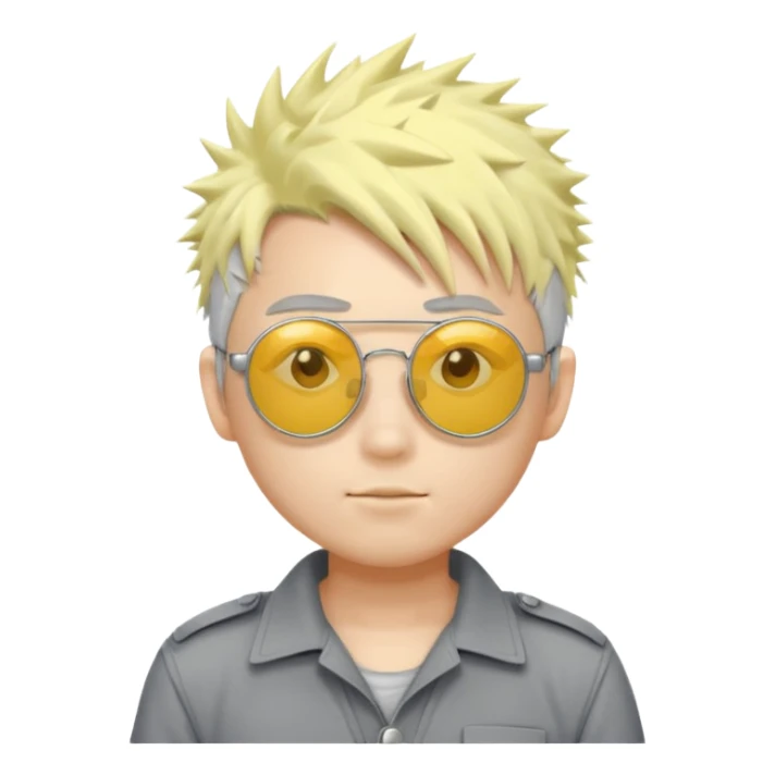 A japanese guy with white messy spiky hair circle sunglasses wearing a uniform gray and a yellow button on the top right of the uniform gray pants sticker