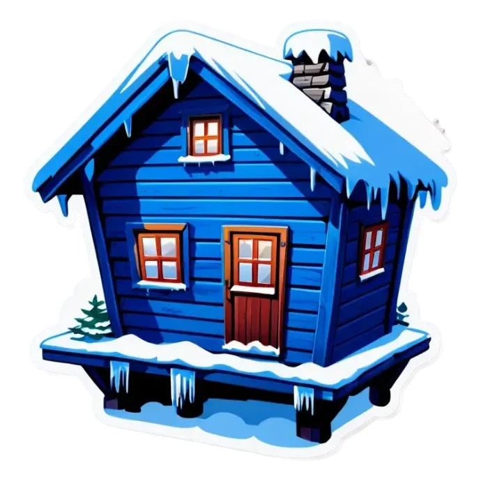 Blue wooden big hut, in winter sticker