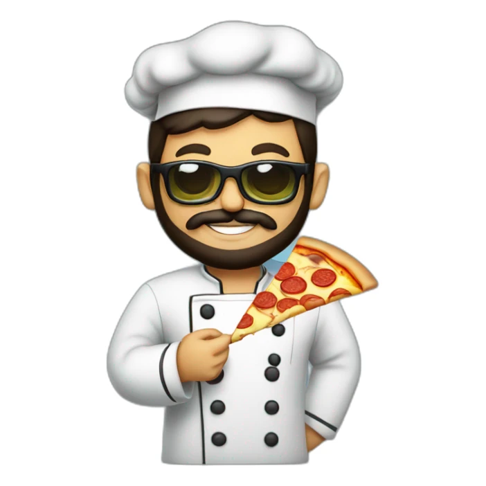 Dark haired chef with beard and big dark glasses holding a slice of pizza sticker