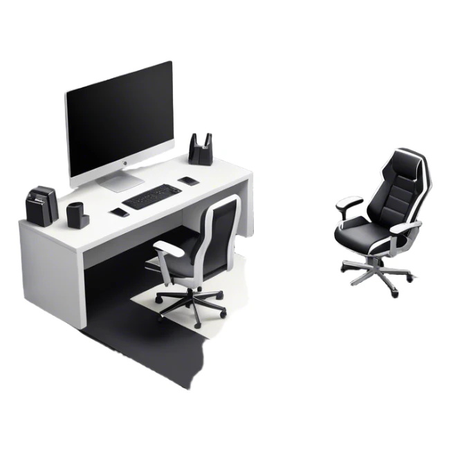 An isometric 3D room with two walls that meet at the back left and right. The floor is made of gray wood. The room is decorated in a modern black and white style. In front of the window is a wide desk with a large monitor and an open laptop, with a black gaming chair next to it. sticker