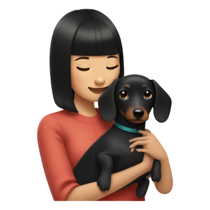Asian woman with black neat bangs hugging black dachshund sticker