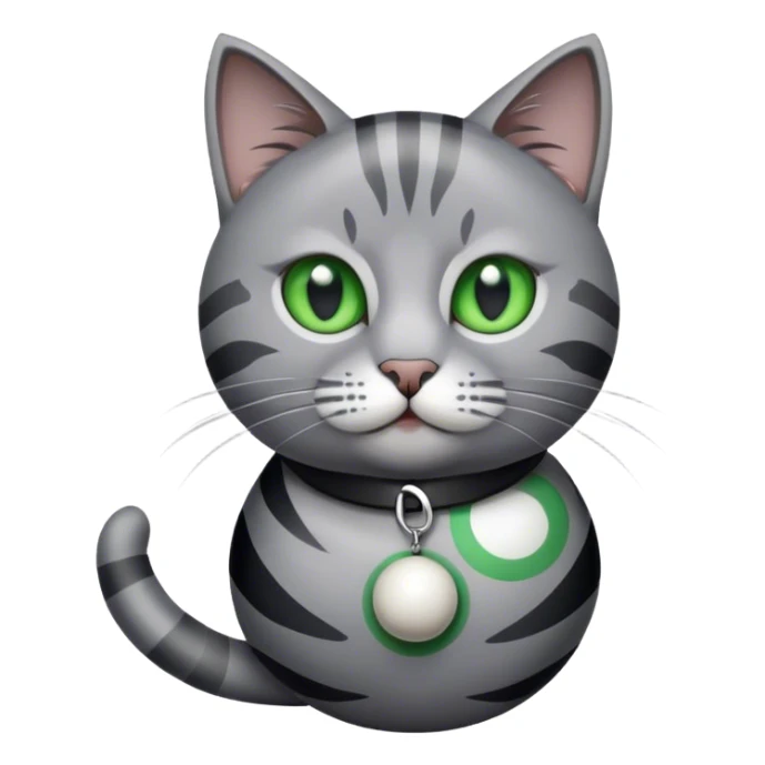 A grey cat with black stripes green eyes and a caller that says Ziggy and the cat is playing with a ball sticker