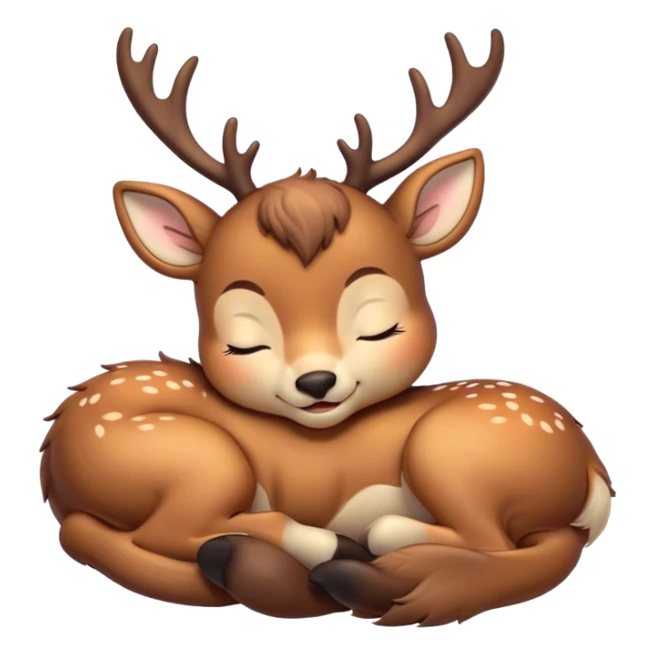 Meme-Worthy Cute Sleeping Deer Portrait Emoji, Head resting peacefully with a contented smile, showcasing a delicate, slender build and a luxuriously soft Fur, eyes shut in a serene, restful nap, Simplified yet hilariously adorable features, highly detailed, glowing with a soft, drowsy light, high shine, relaxed and utterly lovable, stylized with an air of playful laziness, bright and heartwarming, soft glowing outline, capturing the essence of a comically sleepy deer, so meme-worthy it feels like it could instantly become the next viral sensation of adorable woodland slumber! sticker