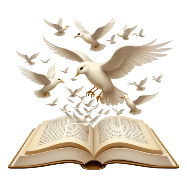 Icon for Poetry Reading: an open book with flowing verses, with pages transforming into a flock of white birds flying away. The icon should evoke the beauty, freedom, and emotional depth of poetry. Transparent background. sticker