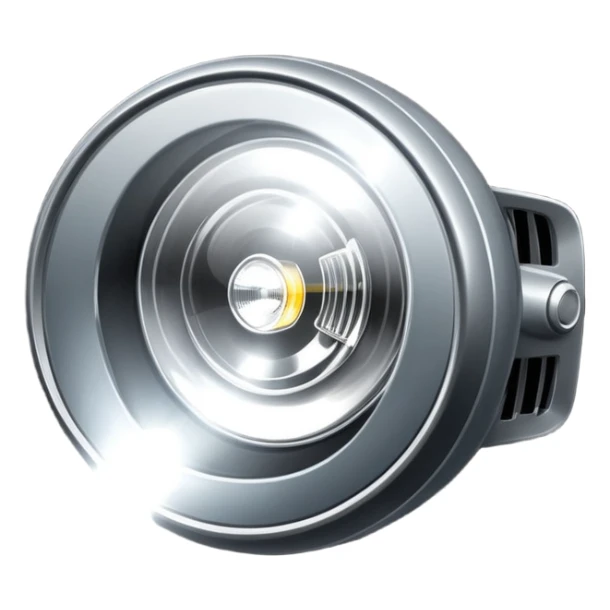 A car headlight, shining brightly with a focused beam of light, cutting through the dark, illuminating the road ahead. The light is intense and clear, often with a white or yellowish glow sticker