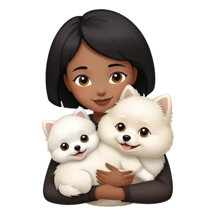 A black short-haired girl happily hugs a white Pomeranian sticker