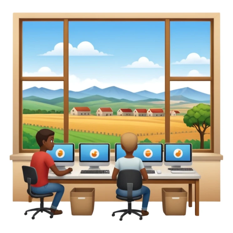 Employees of a startup company working on their computers while looking out the window at the rural landscape.w sticker