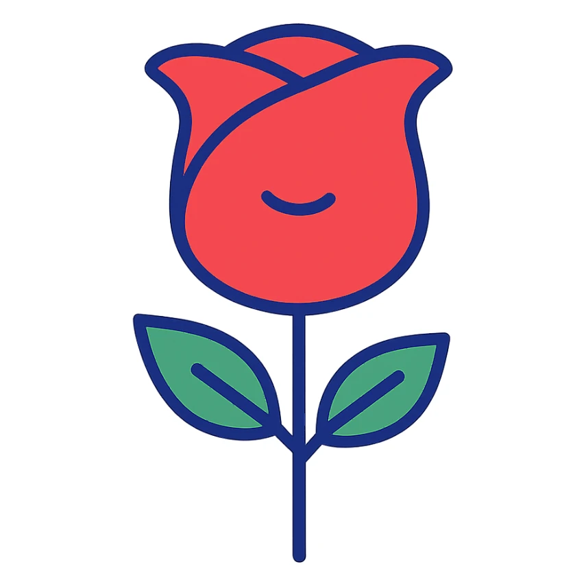 a single rose in flat icon style, bold outline, red and green, minimal details sticker