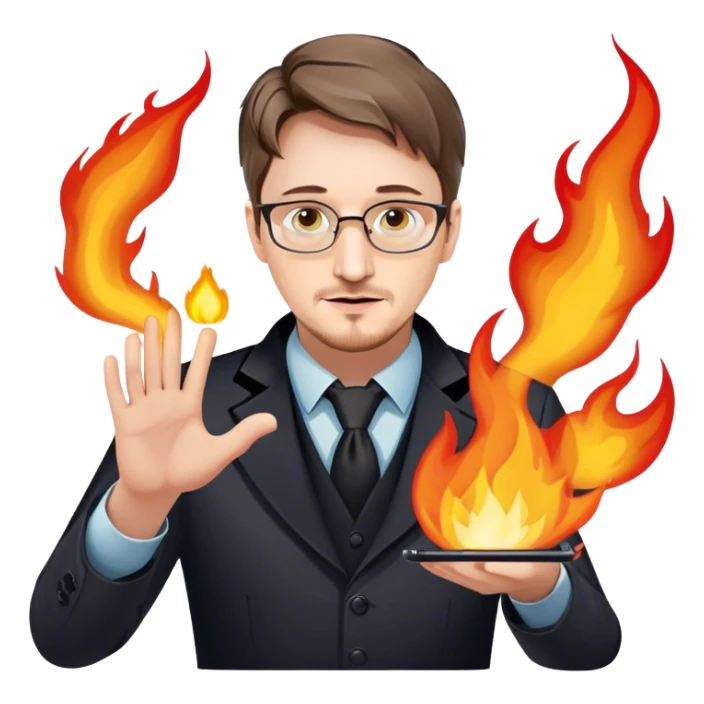 Edward Snowden as a magician revealing a gaming conroller surrounded by flames sticker