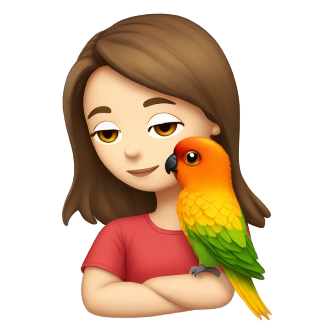 a brown haired girl kissing a sun conure on her shoulder sticker