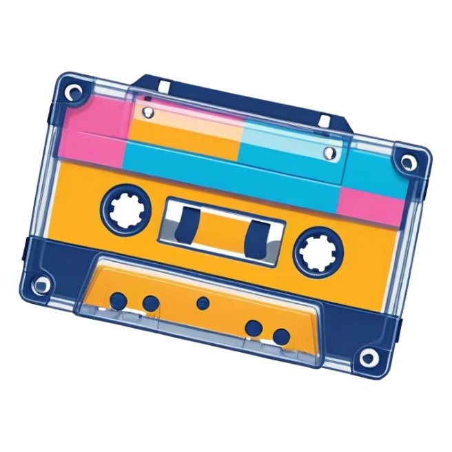 A colorful retro cassette tape with visible tape spools sticker