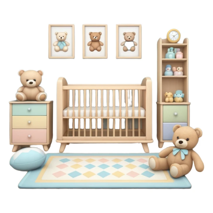 baby room, Crib beside toy shelf and rug sticker