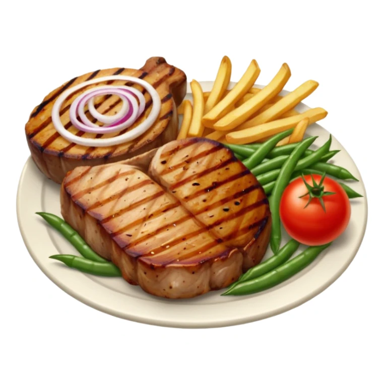pork chops, fries, tomato onion salad, beans, and avocado on the side  sticker