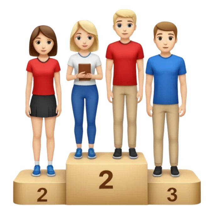 show people on podium in second, first then third position.  The podium should be labeled 2, 1, 3. The middle position should only have the number 1.  the people should be dressed causally in regular relaxed clothes

 sticker