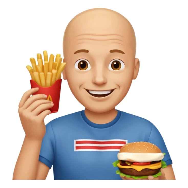Bald headed man eating a hamburger and French fries smiling  sticker