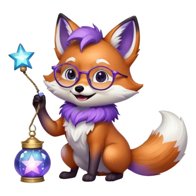 A small magical fox with shimmering purple and blue fur, a glowing fluffy tail, a silver star on its forehead, and round glasses, holding a tiny magical lantern, rolling on the floor and laughing uncontrollably. 🦊🤣 sticker