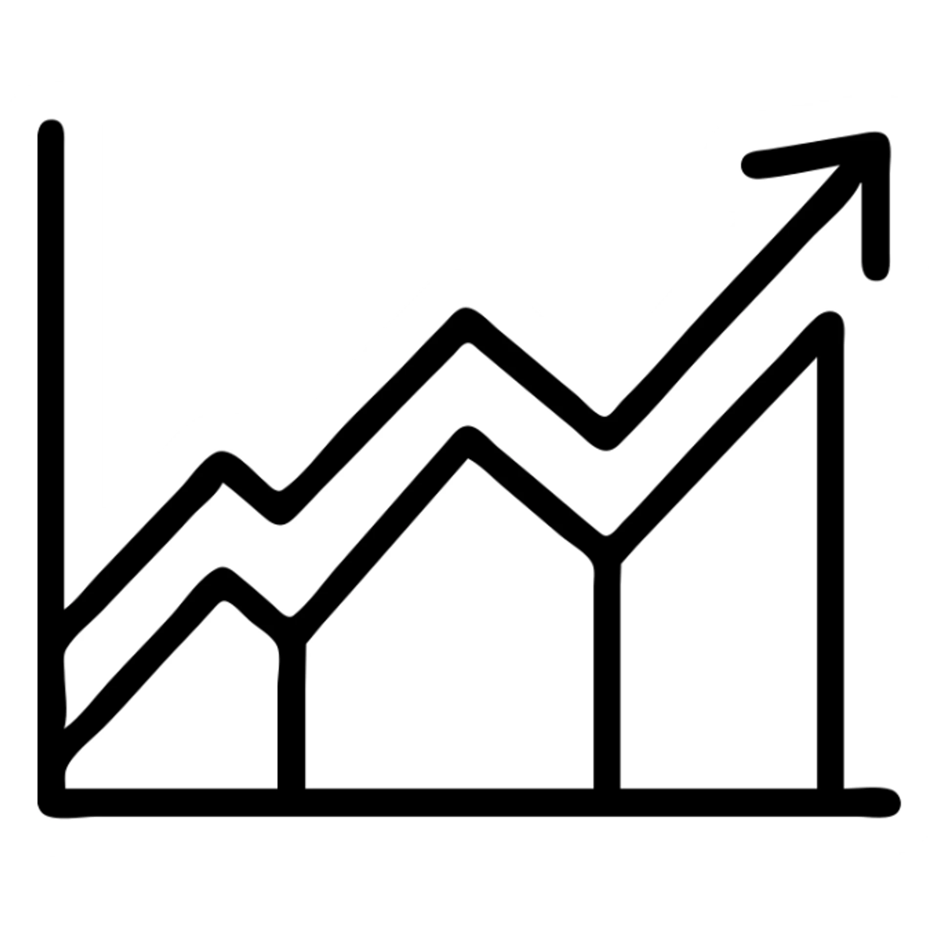 Minimalistic linear icon, thin outline, professional corporate style, monochrome, suitable for business brokerage website. Clean, modern, scalable vector design. Business analytics icon, area chart growing up, minimalist outline, clean corporate style, single color, flat design in the style of an icon sticker