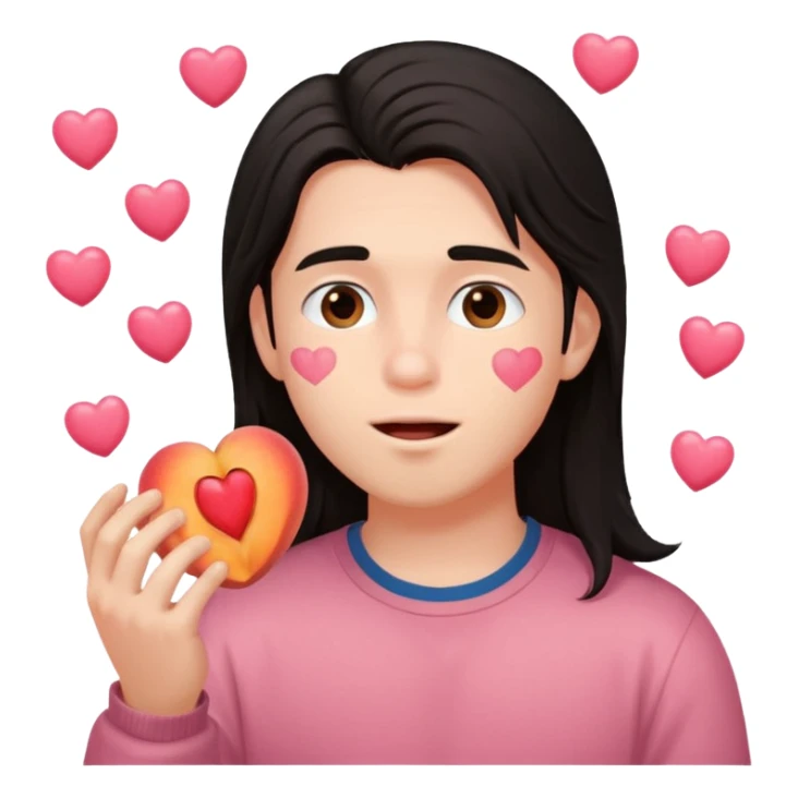 Cute boy, long dark hair, eating a peach, pink hearts floating  sticker