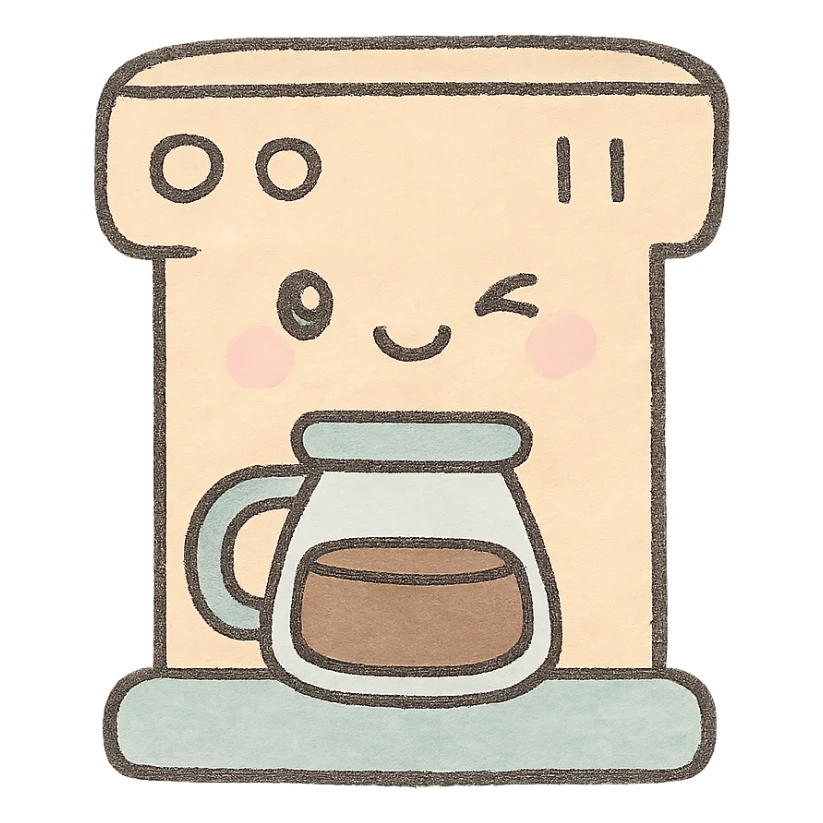 kawaii coffee machine, full body, winking, soft pastel colors, hand-drawn style sticker