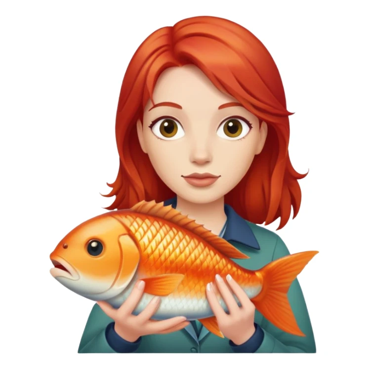 woman with red hair holding fish sticker