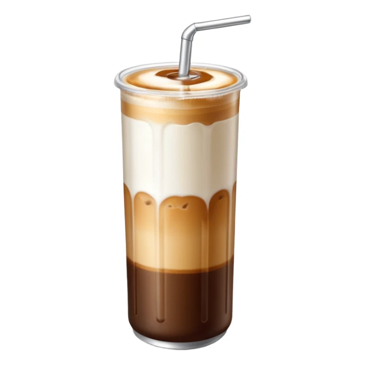 A tall transparent can of iced latte with a silver pull-tab lid. Brown coffee on top with ice, smooth white milk in the middle, and a light amber syrup layer at the bottom. “MAISON MOKA” written vertically in white on the can.

 sticker