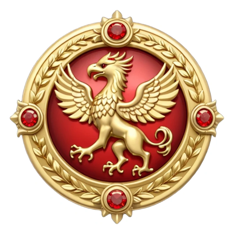 Golden griffin crest / brosch in a circle with red gems and no background sticker