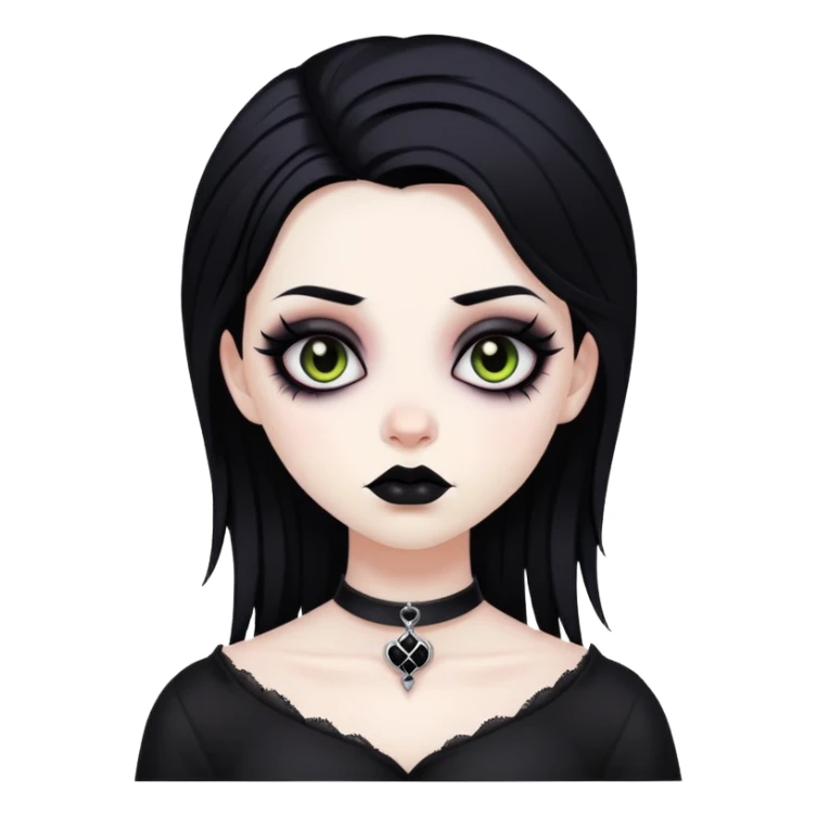 black goth with pale skin, dark makeup, black hair sticker
