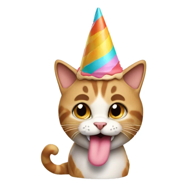 Cat wearing a birthday cone hat and licking an ice cream cone sticker