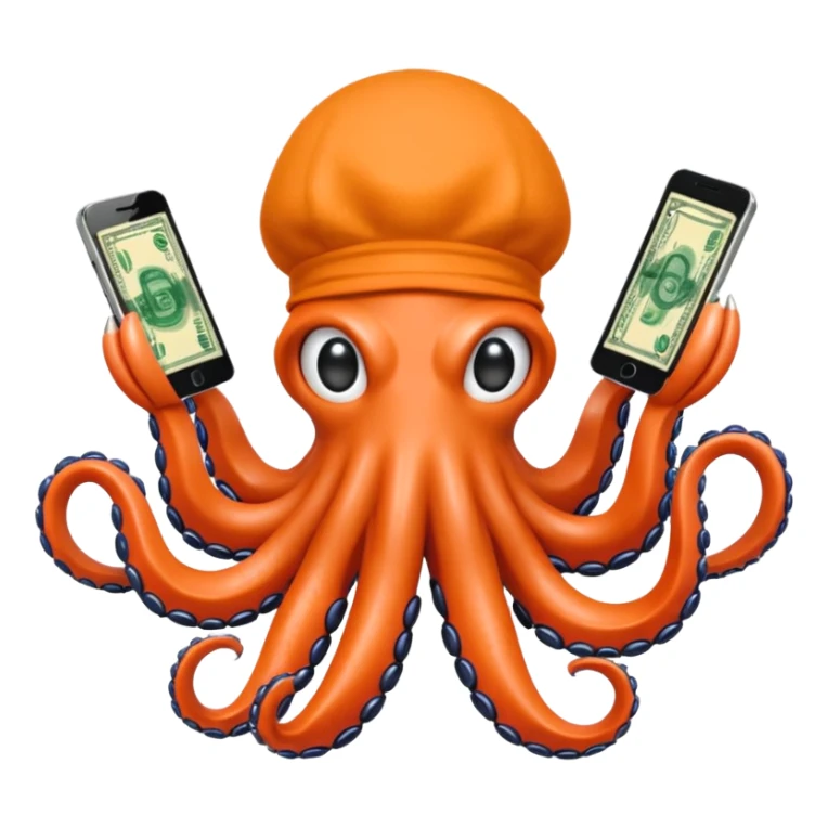 Intimidating octopus with pearl black skin, neon peach colored suction cups. Violent looking octopus is wearing a white balaclava and thick shiny gold necklace. 2 tentacles are holding their own cellphone, 2 more tentacles are holding stacks of money. sticker