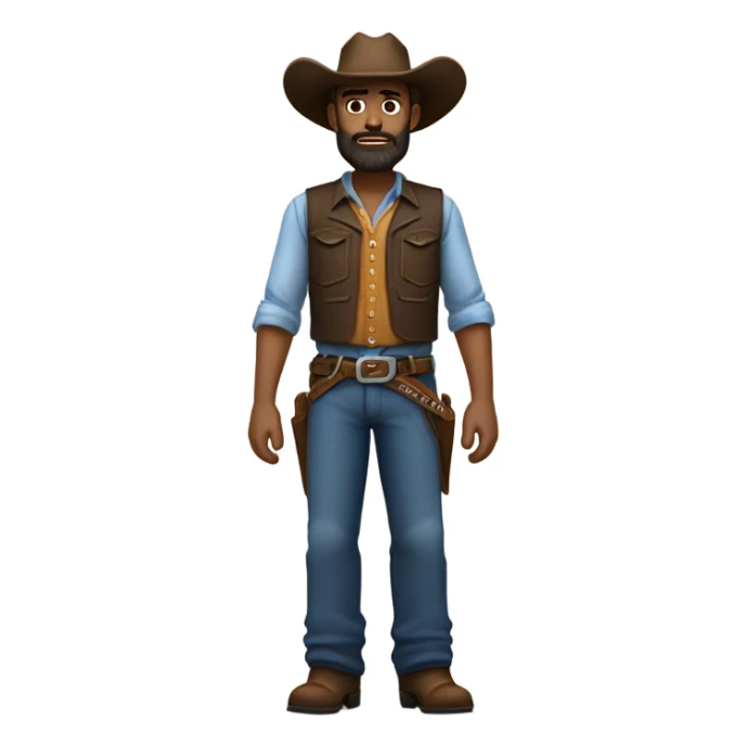 a rugged cowboy with a thick beard, wearing a blue vest over a classic western shirt. He should have a confident stance, showing full torso sticker