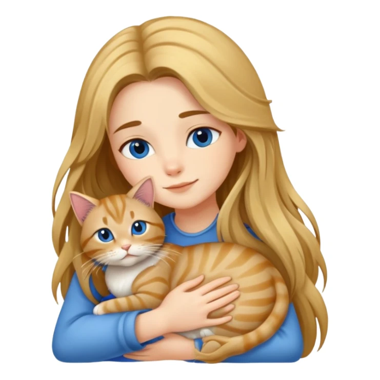A long-haired girl hugs a blue-gold tabby cat sticker