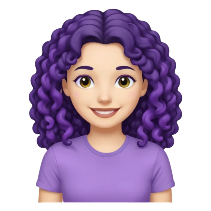 mujer blanca con cabello largo rizado negro sonriendo con camiseta lila sticker