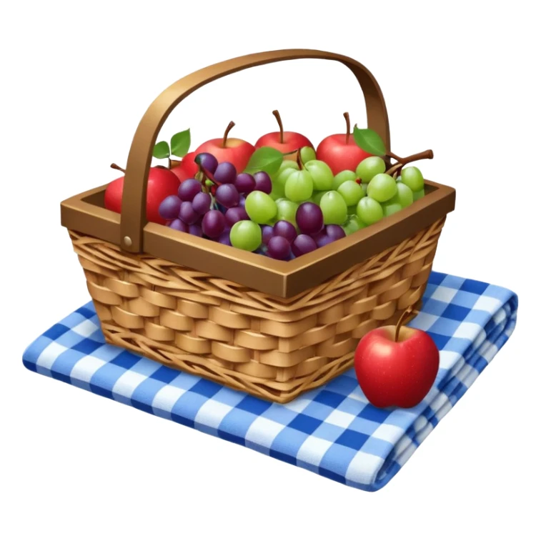 A picnic basket was filled with fruit, placed on a blue and white checkered picnic blanket, and topped with a blue ribbon. sticker