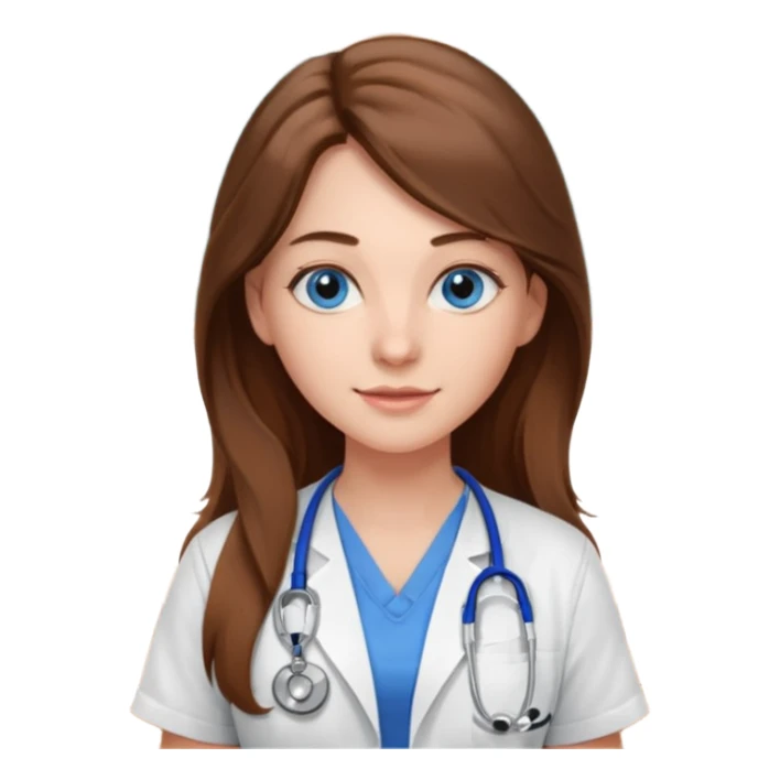 inside a classroom at university, a pretty female nursing student with long brown hair, blue eyes sticker