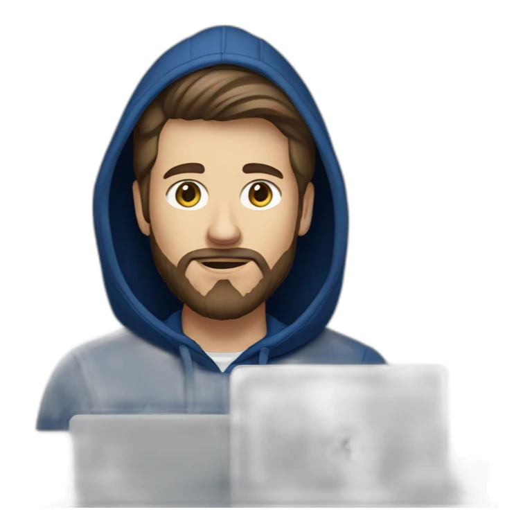 Brown hair white man with a beard typing on apple computer wearing a dark blue nike hoodie sticker