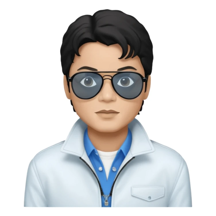 Michael Jackson is white, wearing completely black smokey Ray-Ban glasses, a white jacket, and a blue shirt. sticker