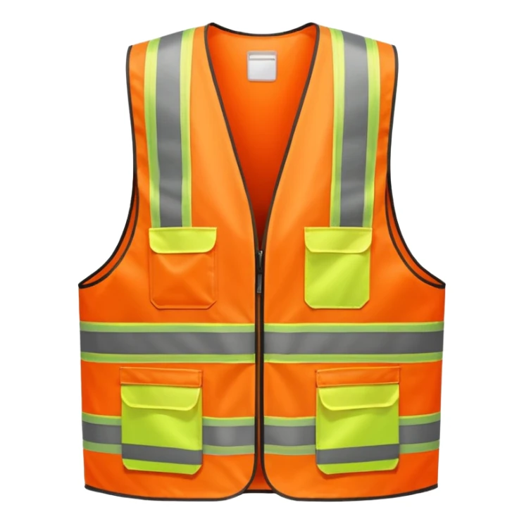 orange safety vest with bright yellow reflective stripes, construction site workwear, emoji style sticker