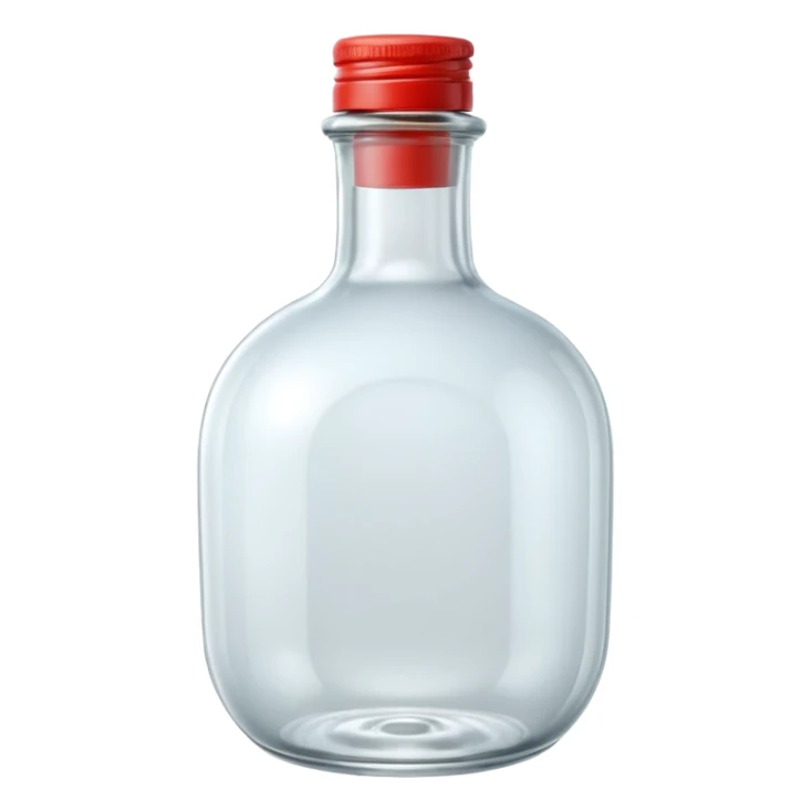 A 3D Apple-style clear glass bottle emoji, completely empty, smooth and shiny transparent surface, simple round body with a short neck and small cap, light reflections on the glass, clean minimal background. sticker