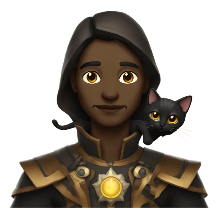 A sun warlock who is pale with deep brown hair and is holding a black kitten sticker