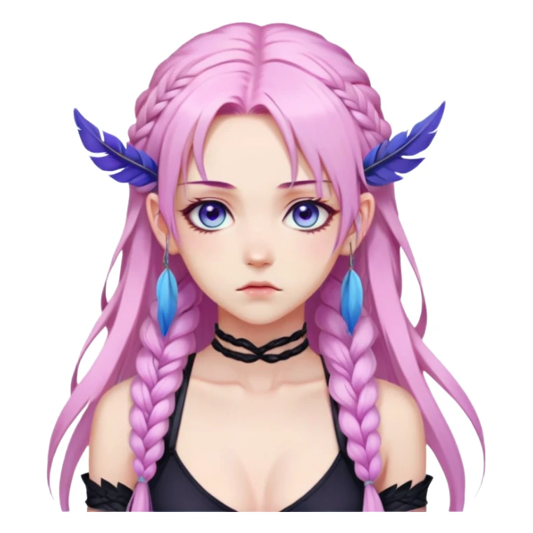 Gorgeous anime lady long-pale-pastel-pink-hair with one braid on each side, grumpy expression, purple-pink feather-ear-cuffs in hair, black bodysuit, blue eyes, pink iris, ethereal, fantasy, fashion aesthetic  sticker