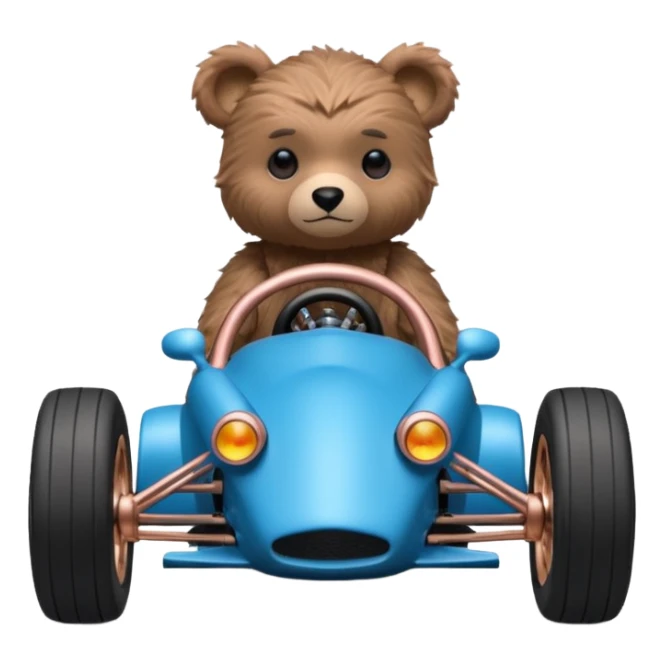 dark crystal blue and rosegold-accented rc racing car driven by a small cute fearless teddy business bear with rear spoiler, roll bar, and wheely bar sticker