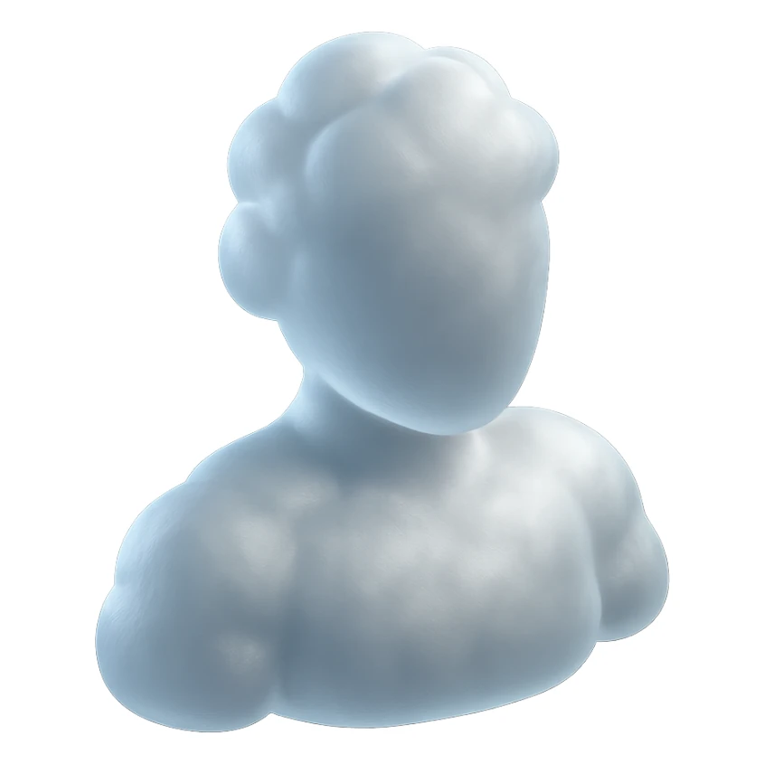 shoulder-up person fully made of white fluffy convex clouds, matte glass style sticker
