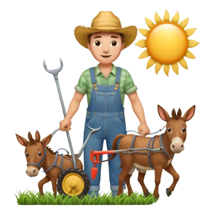 man plowing a field with a plow and a mule, emoji style sticker
