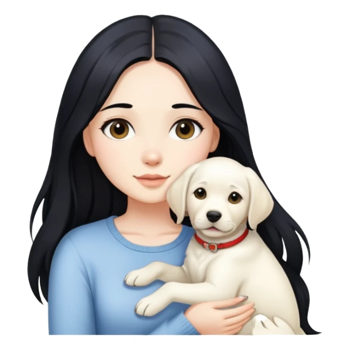 A beautiful girl with long black hair and fair skin is holding a white Labrador sticker